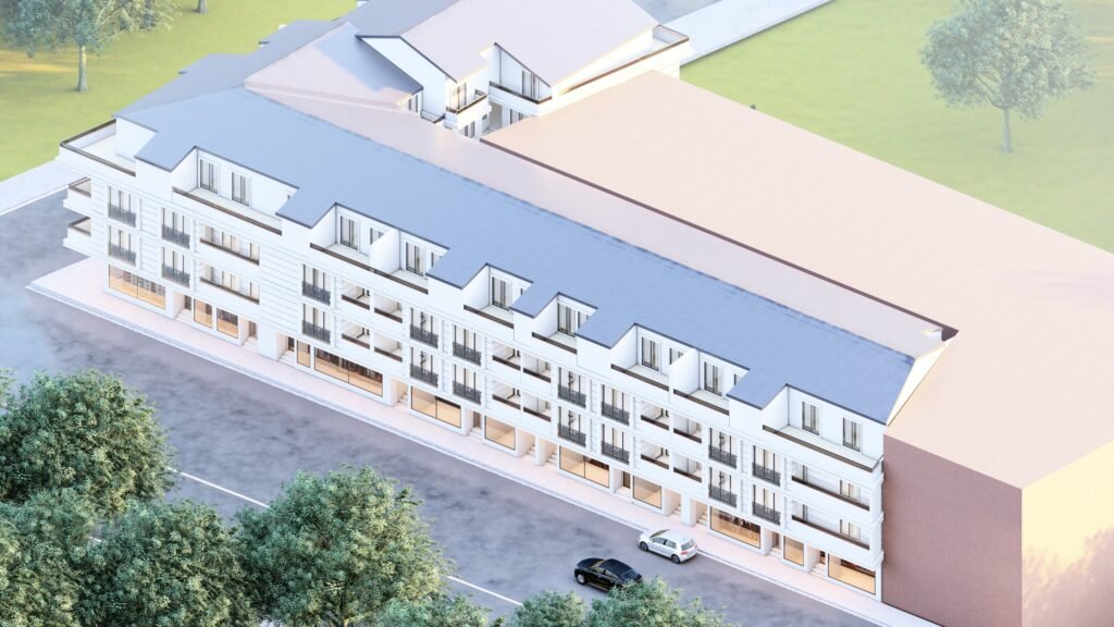 Apartman Cephe Tasarımlarımız Modern mimari. Beyaz ve gri dış cephe, balkonlar, dükkanlar. Şehir merkezi yaşam alanı.