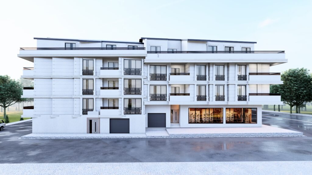 Apartman Cephe Tasarımlarımız Yeni bina tasarımı. Çok katlı apartman, modern cephe, geniş pencereler. Konut ve ticari kullanıma uygun bina