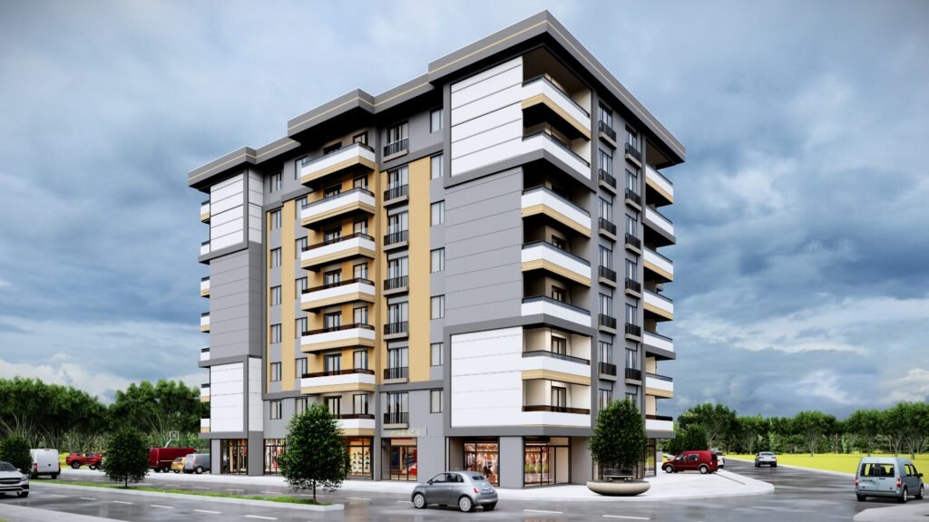 Konak Residans Palandöken Modern apartman projesi, gri ve beyaz cephe tasarımı, cam balkonlar, zemin kat ticari alanlar. Çağdaş konut mimarisi