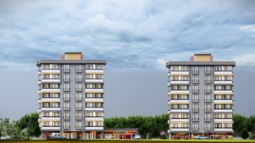 Konak Residans Palandöken Yeni konut binası, modern mimari tasarım, dış cephe giydirme, yeşil alanlar ve otopark. Şehir içi yaşam projesi.