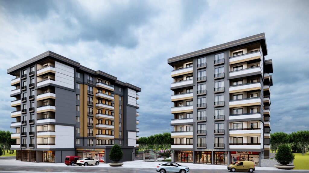 Konak Residans Palandöken Çok katlı apartman, modern dış cephe, geniş pencereler, şehir manzaralı daireler. Konut ve ticari alanlı bina.