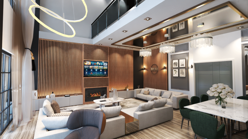 Mermer yemek masasından şömineli TV duvarına bakış, sıcak LED aydınlatmalı ahşap panel duvar ve lüks avize detayları.