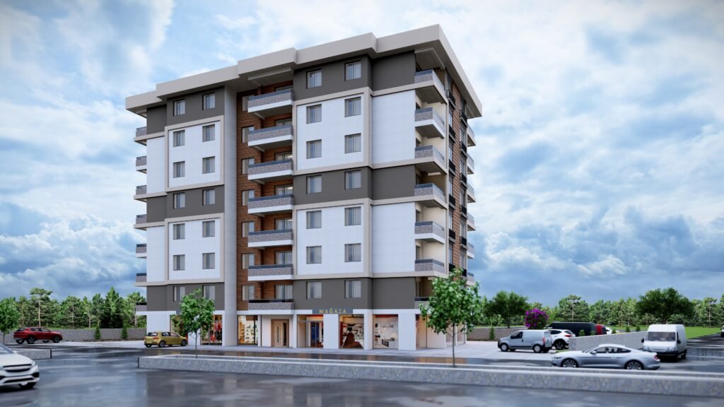 Apartman Cephe Tasarımlarımız Yeni apartman projesi, zemin kat ticari dükkanlar, modern cephe mimarisi, şehir manzaralı konut. Çevre düzenlemesi ve otopark alanı