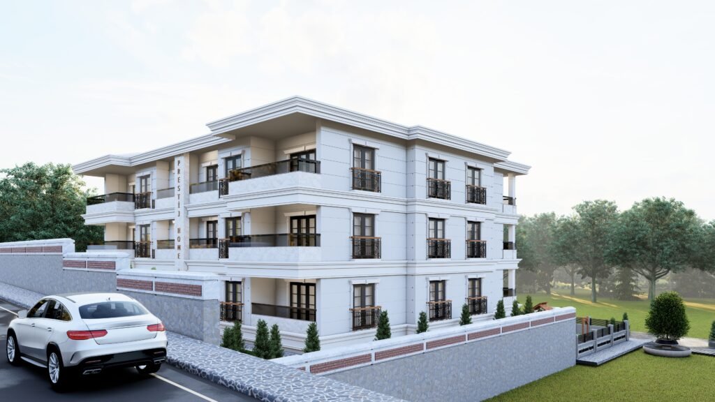 Klasik ve modern mimari uyumu. Beyaz cepheli apartman, geniş pencereler, çocuk oyun alanı ve yeşil çevre. Konforlu yaşam projesi.