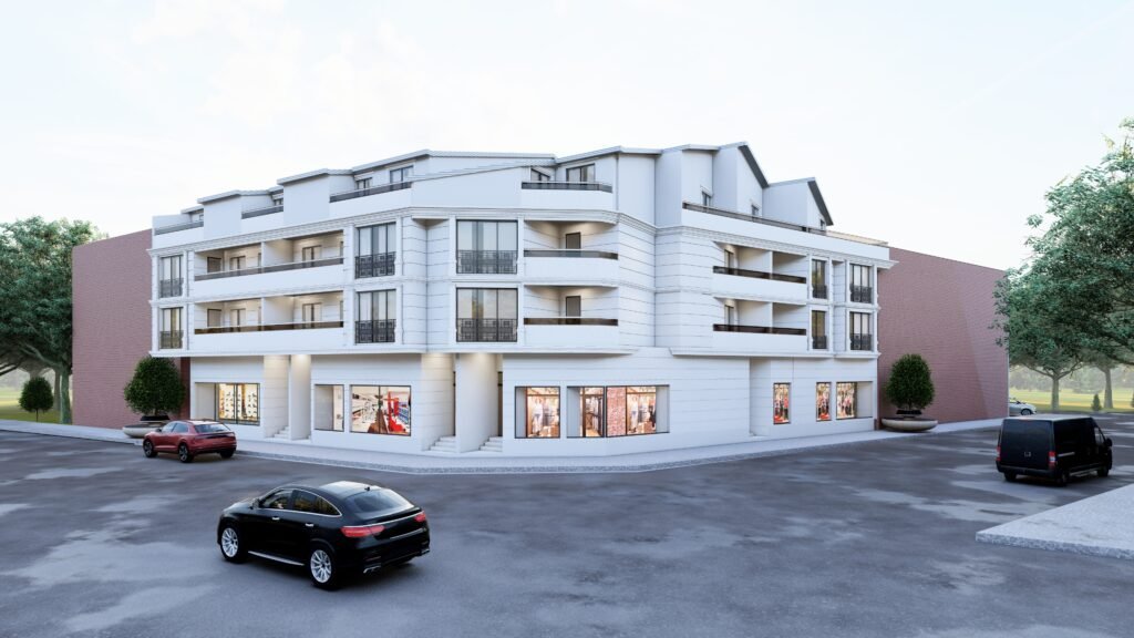 Modern mimari. Beyaz dış cephe, klasik detaylı pencereler, ferforje balkon korkulukları. Şehir merkezinde lüks konut projesi.