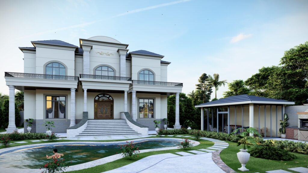 Geniş havuzu ve heykel detaylarıyla klasik tarzda tasarlanmış, görkemli bir villa.