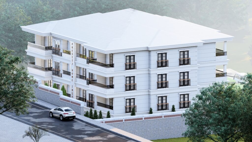 Şık apartman binası, beyaz cephe, klasik detaylı pencereler, doğal çevre düzenlemesi. Modern konut projesi