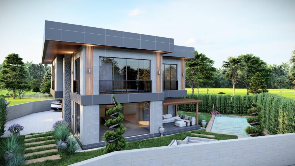 Modern çizgili, iki katlı bir villa ve havuzlu peyzaj düzenlemesi, geniş yeşil alanlarla çevrili.