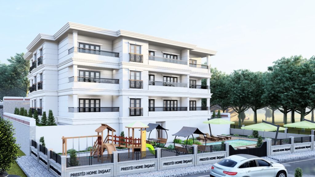 Çağdaş konut binası, beyaz dış cephe, balkonlar, çocuk oyun parkı. Güvenli ve huzurlu yaşam alanı