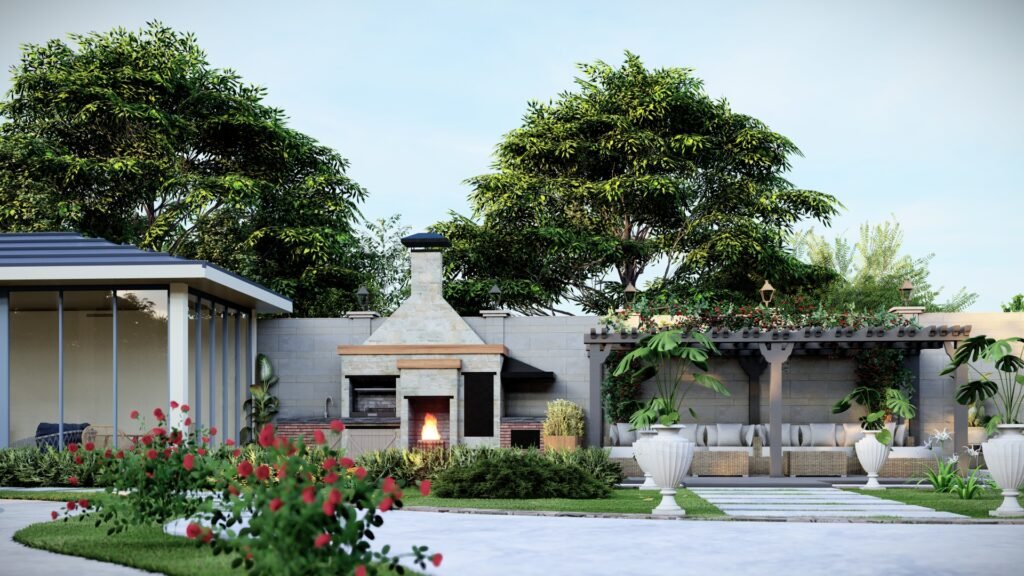 Çardaklı oturma alanı ve gül bahçesiyle, evin arka bölümünde keyifli bir dinlenme köşesi.