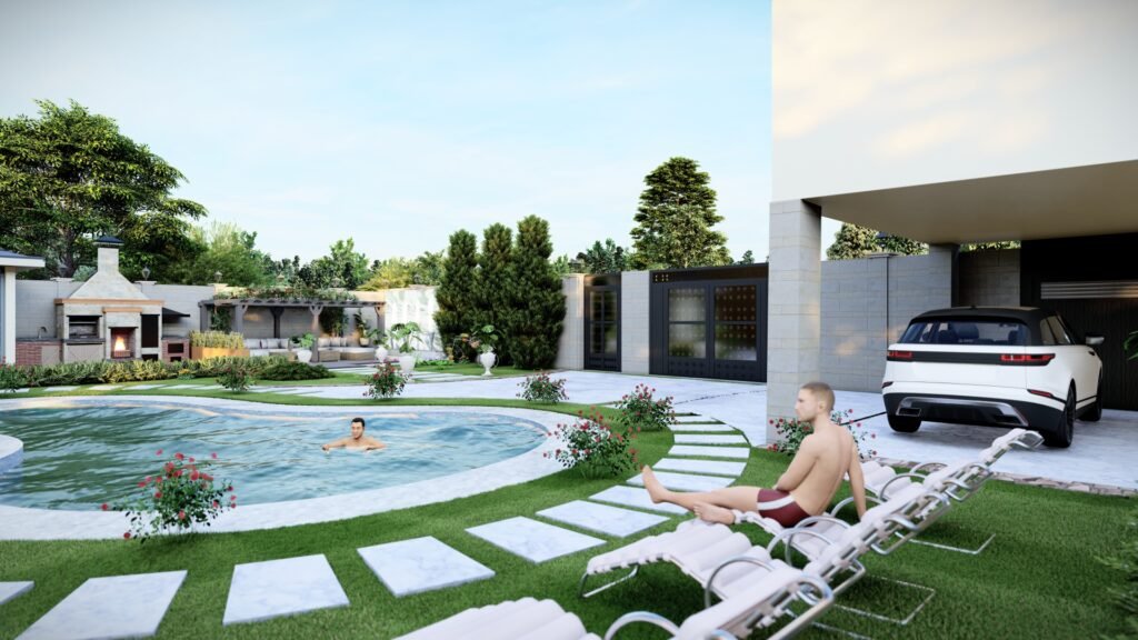 Yüzme havuzu kenarında güneşlenen bir kişi ve havuzun yanında yer alan modern otopark. Peyzaj Tasarımı