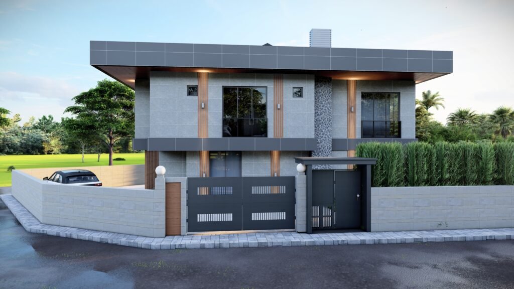 Gri tonlarda, modern cepheye sahip bir villanın ana girişi ve dış duvarları.
