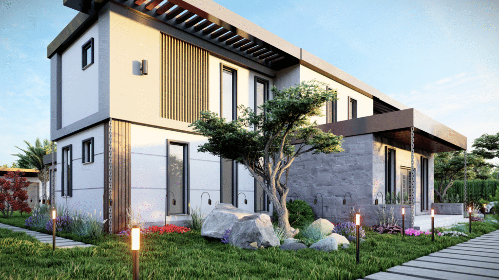 Villanın geniş bahçesini, peyzaj düzenlemesini ve dış mekan oturma alanını gösteren kuşbakışı bir görüntü.