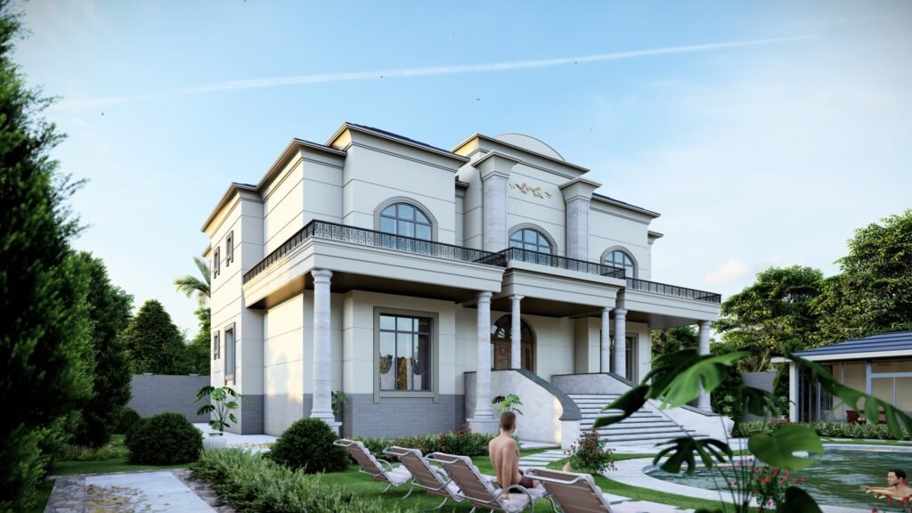 Klasik mimariye sahip bir evin ön cephesi, geniş merdivenleri ve düzenlenmiş bahçesi.