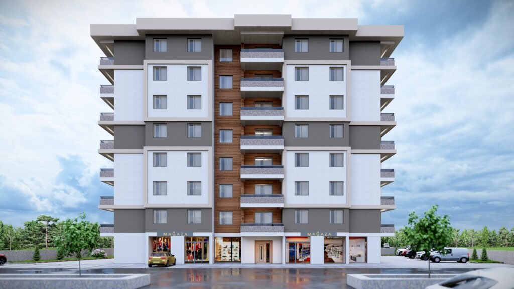 Apartman Cephe Tasarımlarımız Modern bina cephesi, çok katlı konut binası, zemin kat perakende dükkanları, şık dış tasarım. Şehir merkezi yaşam ve alışveriş.
