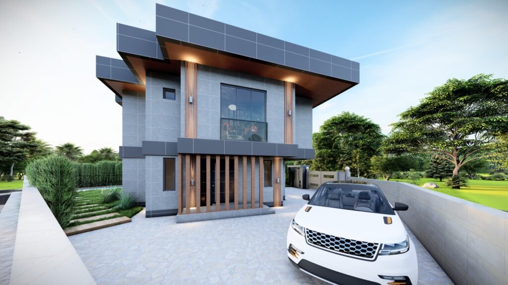 Modern mimariye sahip bir villanın otopark girişi ve ön cephesi, düzenli bitkilendirme ile.