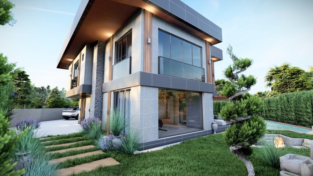 Geniş cam cepheleri olan modern bir villanın yan görünümü, taş patikalar ve ağaçlarla peyzajı.