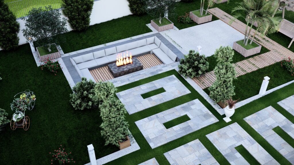 Oturma alanları ve şömine içeren, dikdörtgen taşlarla döşenmiş minimalist bahçe tasarımı.