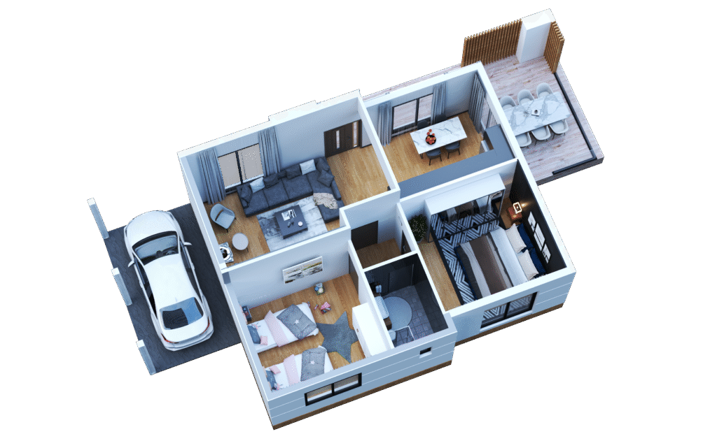 Çelik ve Prefabrik Yapı Tasarımları 2+1 celik prefabrik ev tasarimi perspektif