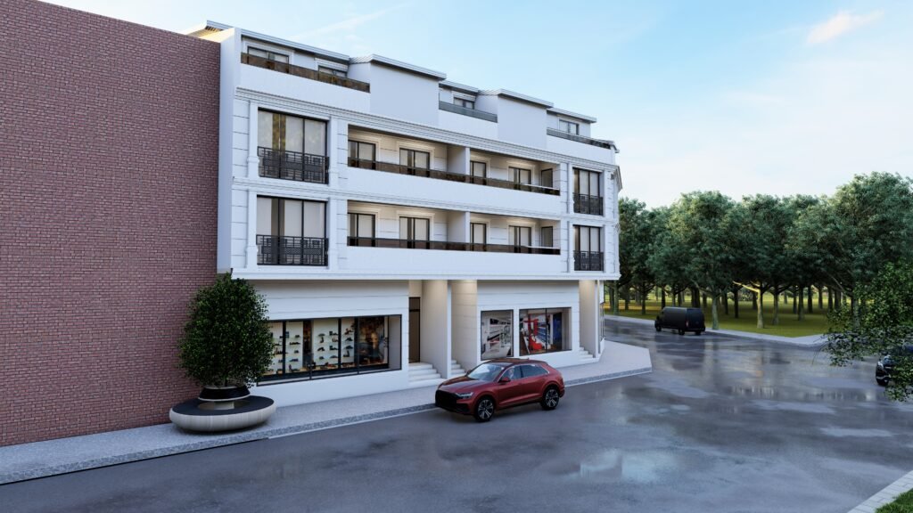 Modern konut projesi. Beyaz cephe, geniş pencereler ve balkonlar, klasik ferforje detaylar. Şehir içi mimari tasarım.