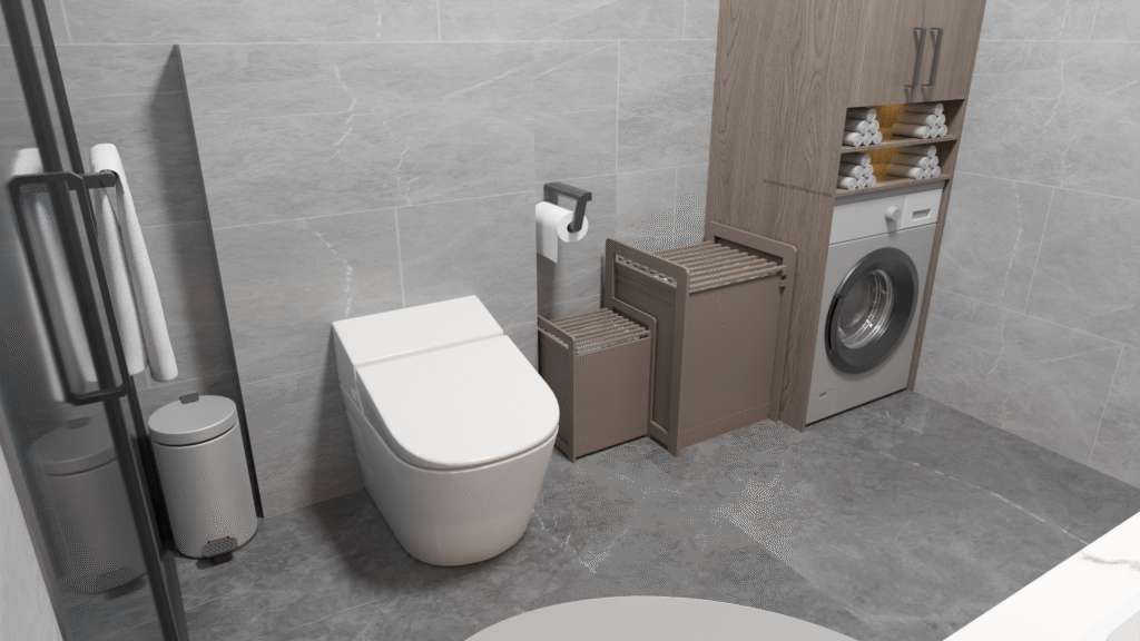 Çağdaş banyo iç mimarisi. Gri seramikler, aydınlatmalı ayna, mermer tezgah ve duş alanı. Modern ve kullanışlı banyo tasarımı.