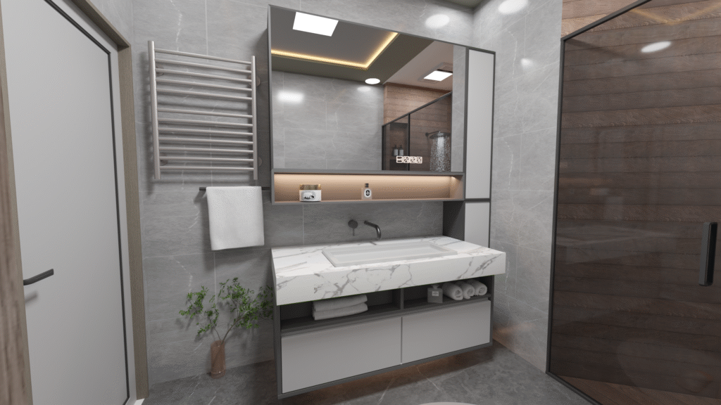 Fonksiyonel banyo tasarımı. Yerden tasarruf sağlayan asma klozet, ahşap görünümlü dolap ve entegre çamaşır makinesi. Küçük banyolar için akıllı depolama çözümleri.