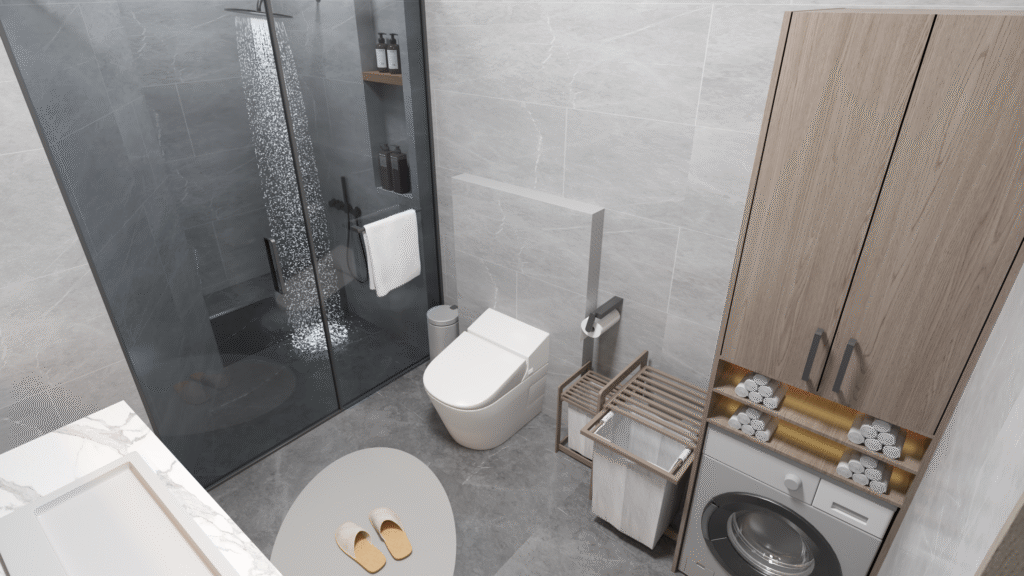 Şık banyo düzenlemesi. Geniş duş kabini, niş raflar, gri seramik zemin ve asma klozet. Estetik ve pratik banyo çözümleri.