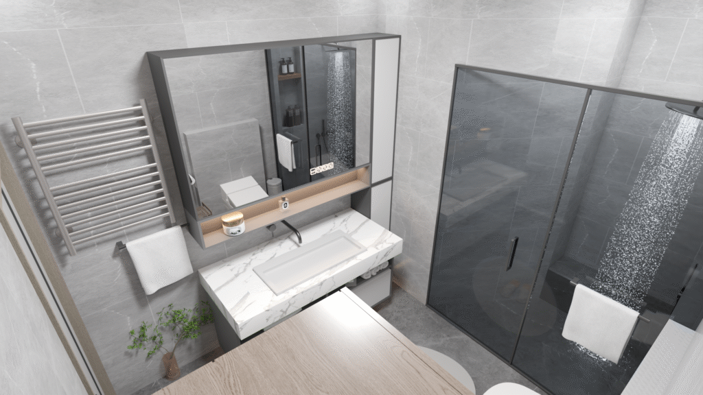 Modern banyo iç mekanı. Beyaz mermer tezgahlı lavabo, aydınlatmalı ayna, krom havluluk ve şık banyo aksesuarları. Minimalist ve ferah banyo dekorasyonu