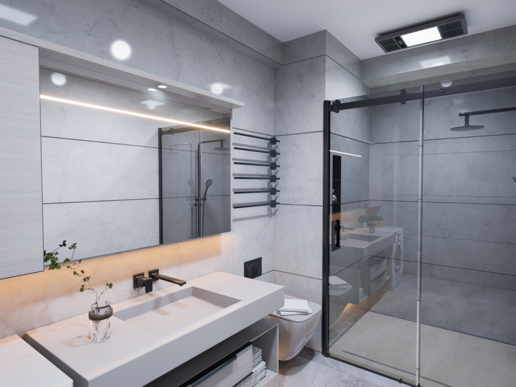 Modern minimalist banyo tasarımı. Beton görünümlü seramikler, kompakt lavabo ünitesi, entegre çamaşır makinesi. Şık ve fonksiyonel banyo mobilyaları, yerden tasarruf sağlayan duşakabin.