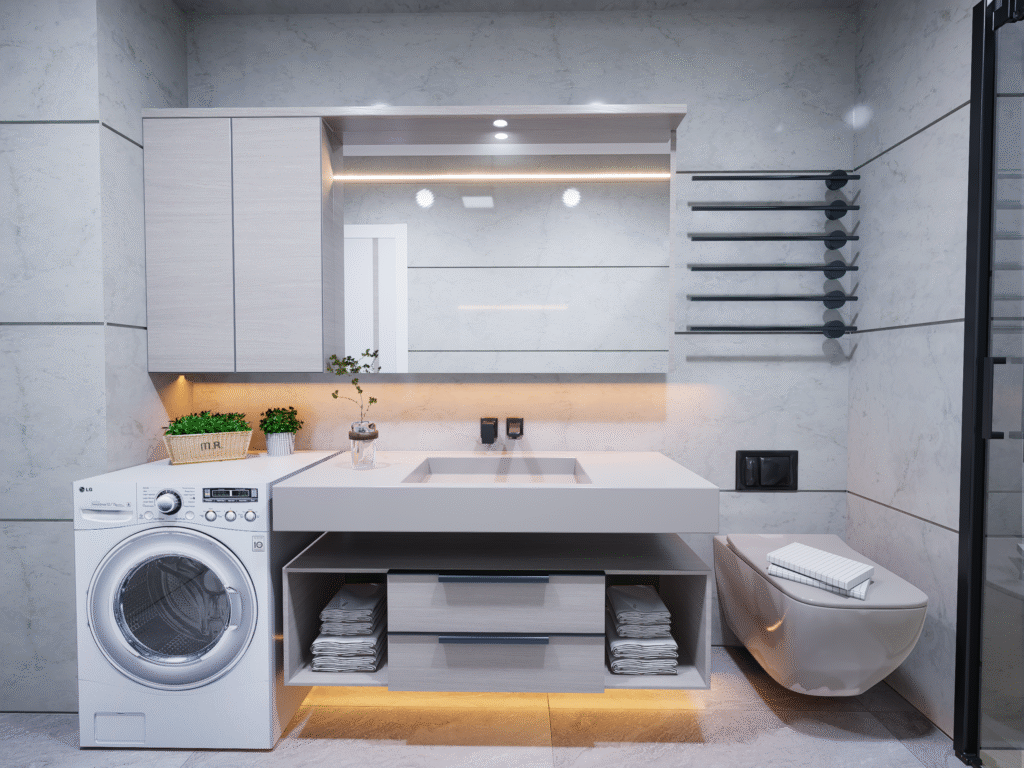 Fonksiyonel banyo dekorasyonu. Aydınlatmalı ayna, askılık, açık raflar ve çekmeceli dolaplar ile akıllı depolama çözümleri. Modern banyo aksesuarları