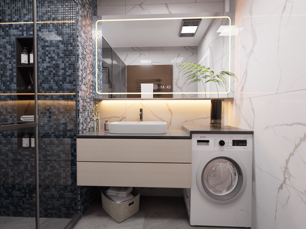 Minimalist banyo dekorasyonu, açık renk mermer doku, duş nişleri, yerden tasarruflu klozet, banyo çamaşır makinesi, modern armatürler. Ferah ve düzenli banyo iç mimarisi.