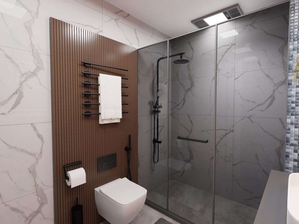 Küçük banyo tasarımı, alandan tasarruf sağlayan duşakabin, duvara monte klozet, kompakt lavabo, entegre beyaz eşya, açık renk fayanslar. Fonksiyonel ve şık küçük banyo çözümleri.