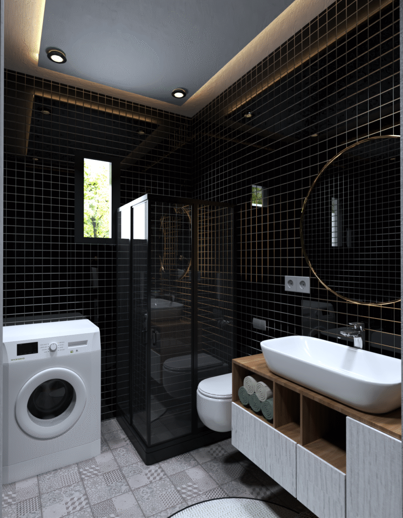 Şık ve cesur banyo dekorasyonu. Siyah kare fayanslar, altın detaylar, ahşap görünümlü lavabo dolabı ve tezgah üstü lavabo. Modern banyo fikirleri.