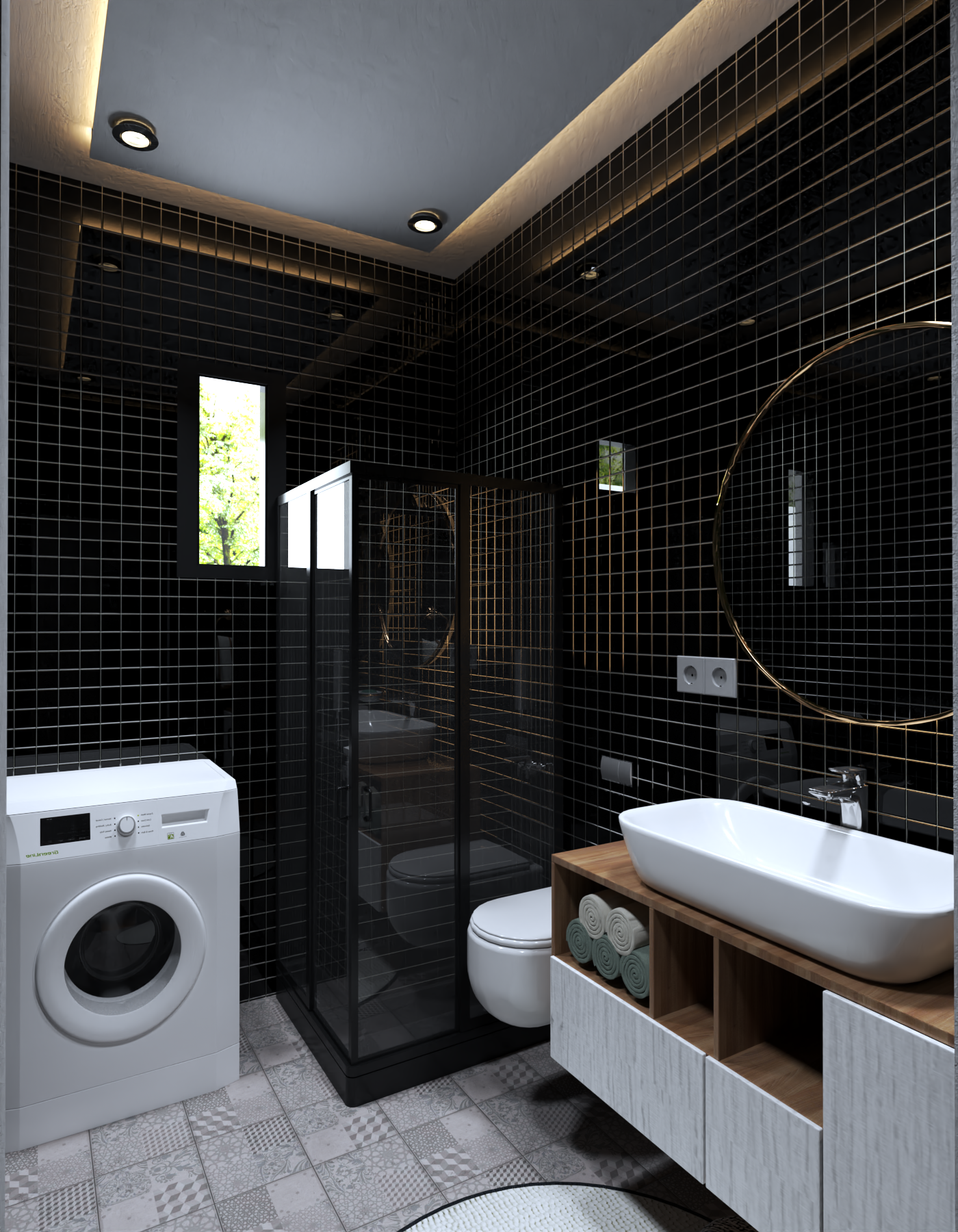 Siyah altın detaylı modern banyo parlak siyah seramik yuvarlak ayna şık lavabo dolabı | XLine Mimarlık