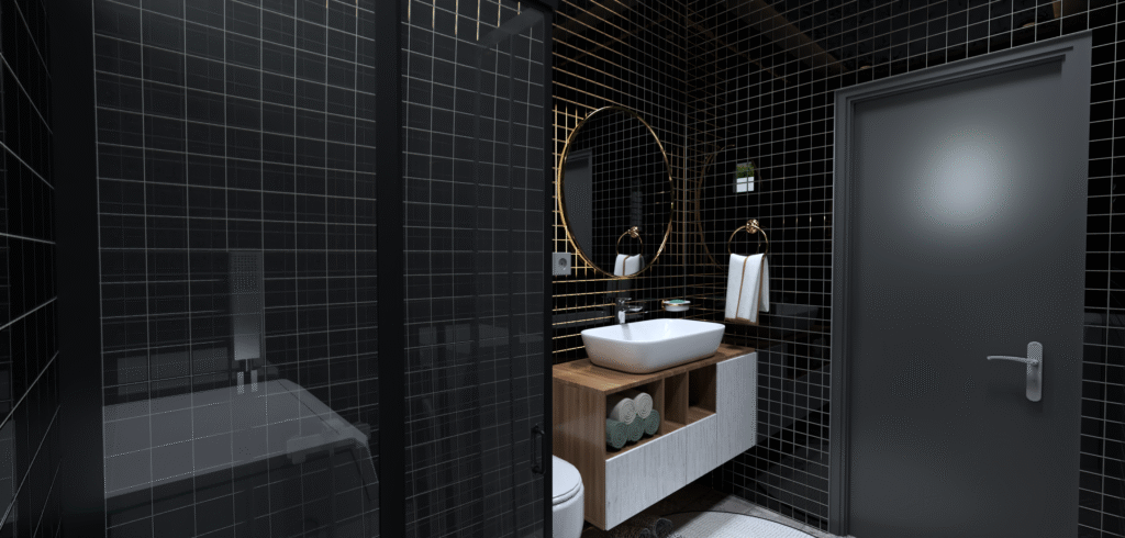 Modern küçük banyo tasarımı, parlak siyah fayanslar, cam duşakabin, yuvarlak ayna. Şık ve fonksiyonel banyo mobilyaları ve aksesuarlar