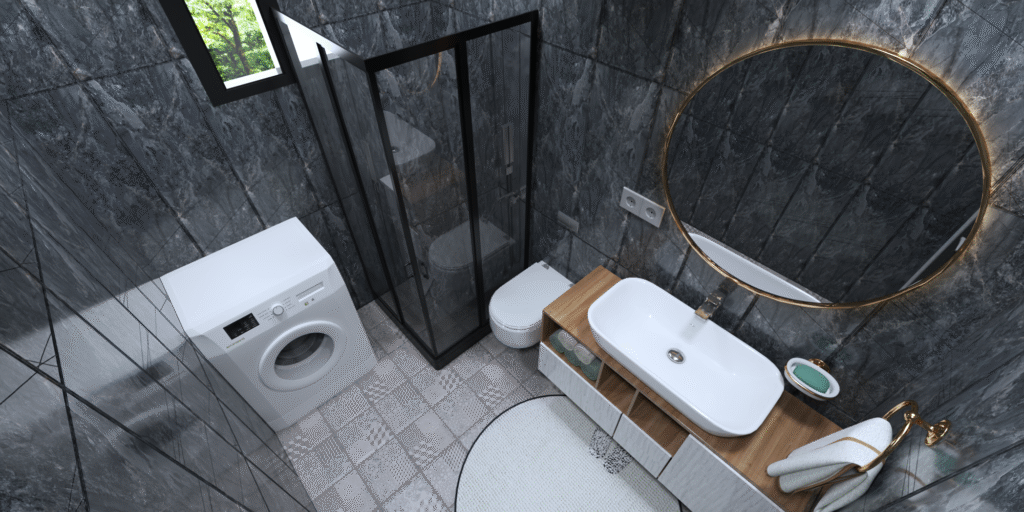 Minimalist banyo tasarımı, siyah mermer dokulu duvarlar, desenli yer karosu, geniş duşakabin. Alanı verimli kullanan kompakt banyo çözümü