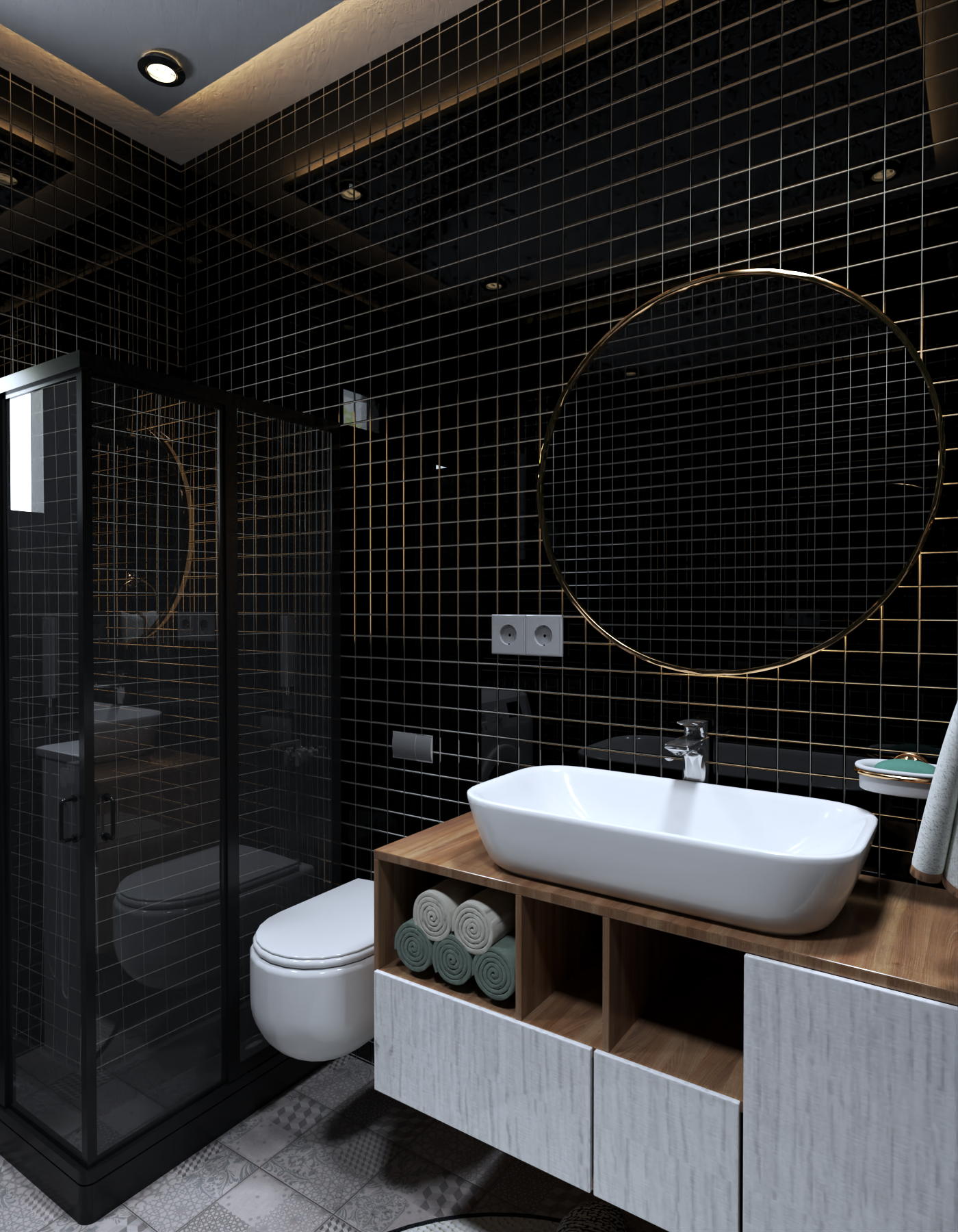 Şık siyah kare fayanslar altın detaylar ahşap lavabo dolabı tezgah üstü lavabo modern banyo | XLine Mimarlık