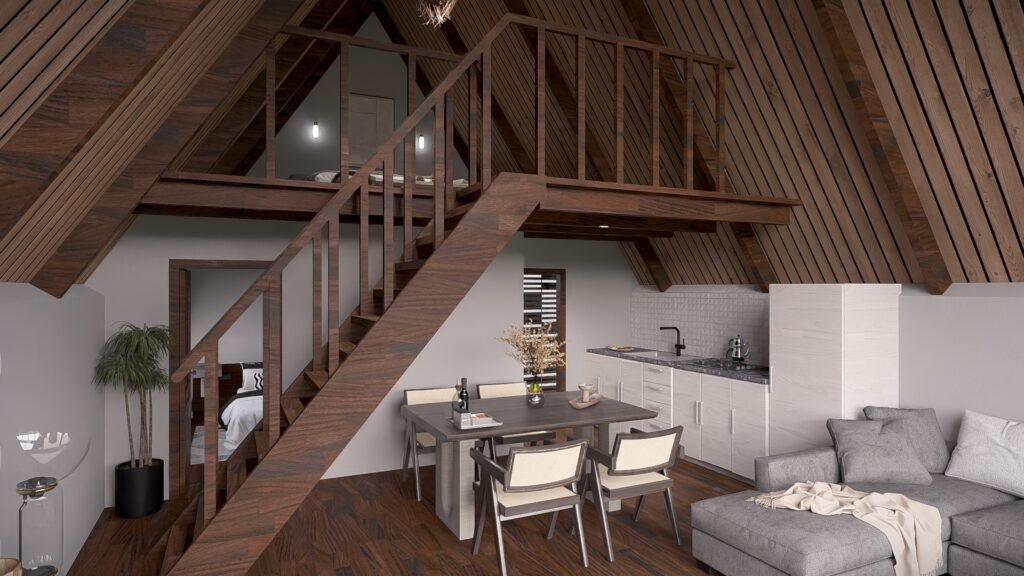 Minimalist mutfak ve ferah oturma odası içeren bungalov iç tasarımı