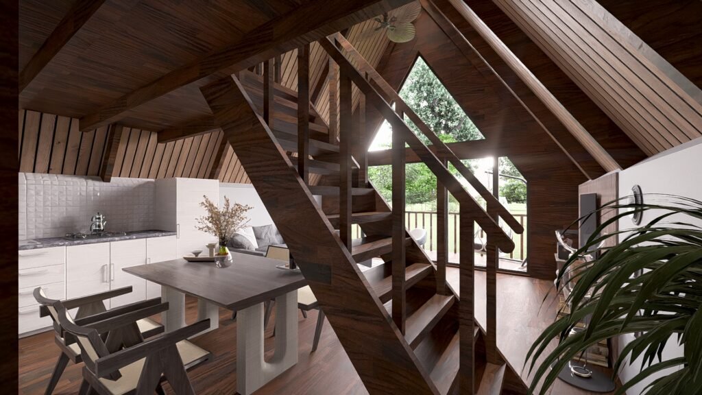 Bungalov iç mimari tasarımı, modern ve doğal ahşap detaylar