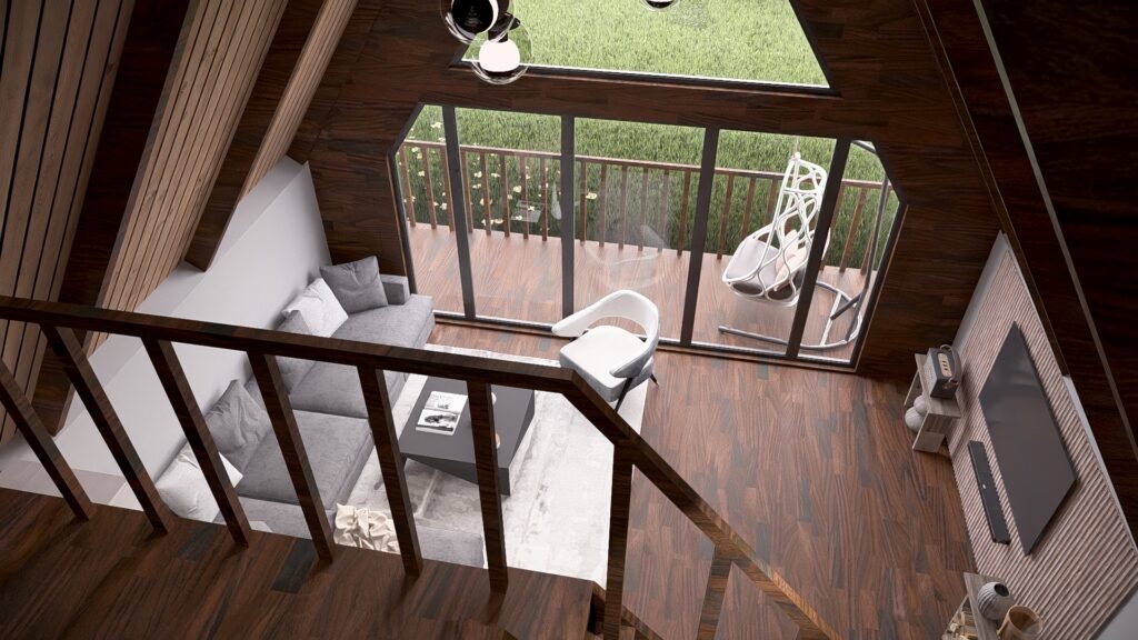 Loft katlı, ahşap tavanlı ve merdivenli bungalov oturma alanı