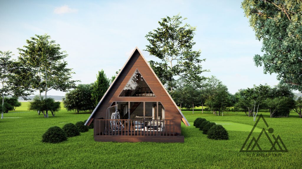 Geniş cam pencereleri olan, ahşap detaylı üçgen çatı bungalov modeli