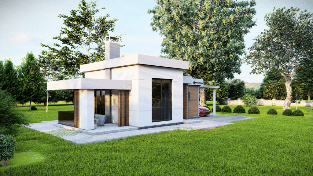 Çelik ve Prefabrik Yapı Tasarımları Geniş bahçeli, ahşap ve beyaz cephe detaylarına sahip 1+1 çelik prefabrik ev.