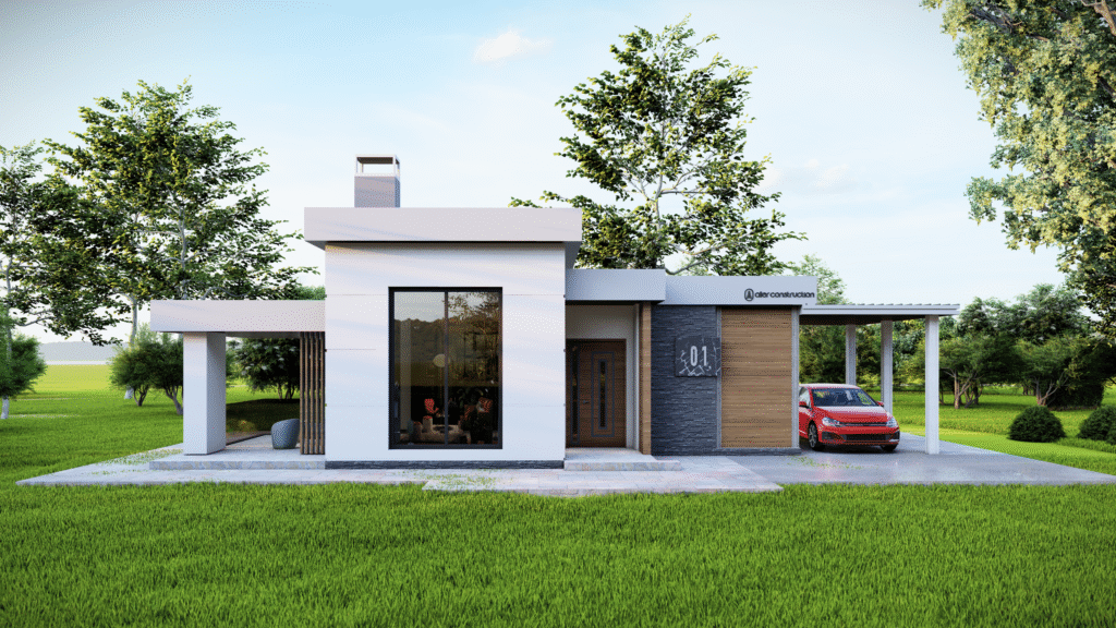 Çelik ve Prefabrik Yapı Tasarımları Modern 1+1 çelik prefabrik konut, geniş cam cepheli ve doğal peyzaj içinde.