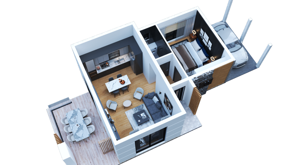 Çelik ve Prefabrik Yapı Tasarımları 40-45 m² 1+1 çelik prefabrik konutun detaylı zemin kat planı.