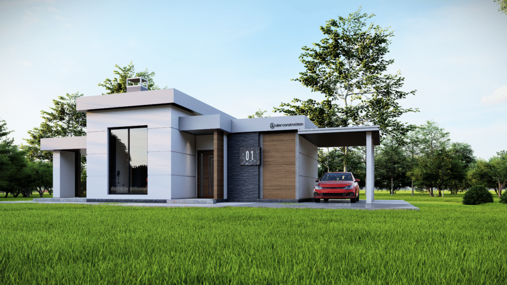 Çelik ve Prefabrik Yapı Tasarımları Düz çatılı, çağdaş tasarımlı 1+1 prefabrik ev, yeşil bir bahçede konumlanmış.