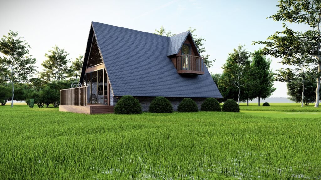 Yemyeşil bir alanda konumlandırılmış, modern tasarıma sahip üçgen çatılı bir bungalovun dış görünüşü.