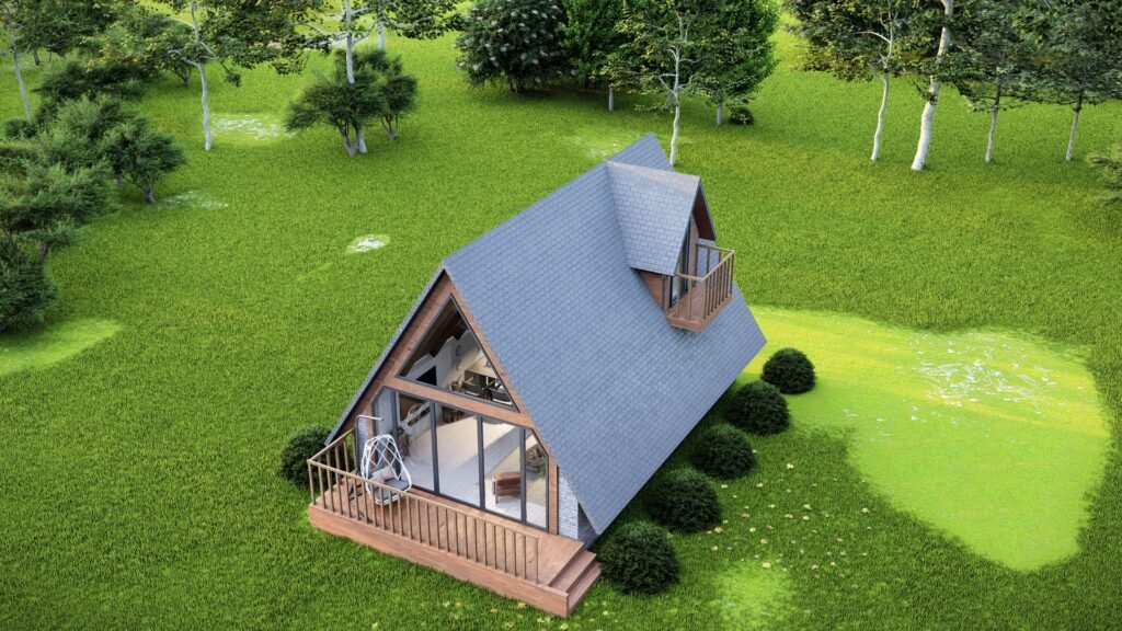 Geniş pencereli, ahşap teraslı ve peyzajlı Rize bungalovu