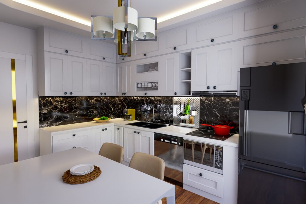 Modern klasik mutfakta siyah mermer tezgah arası ve beyaz dolapların yakın plan görünümü; siyah eviye ve ankastre set.