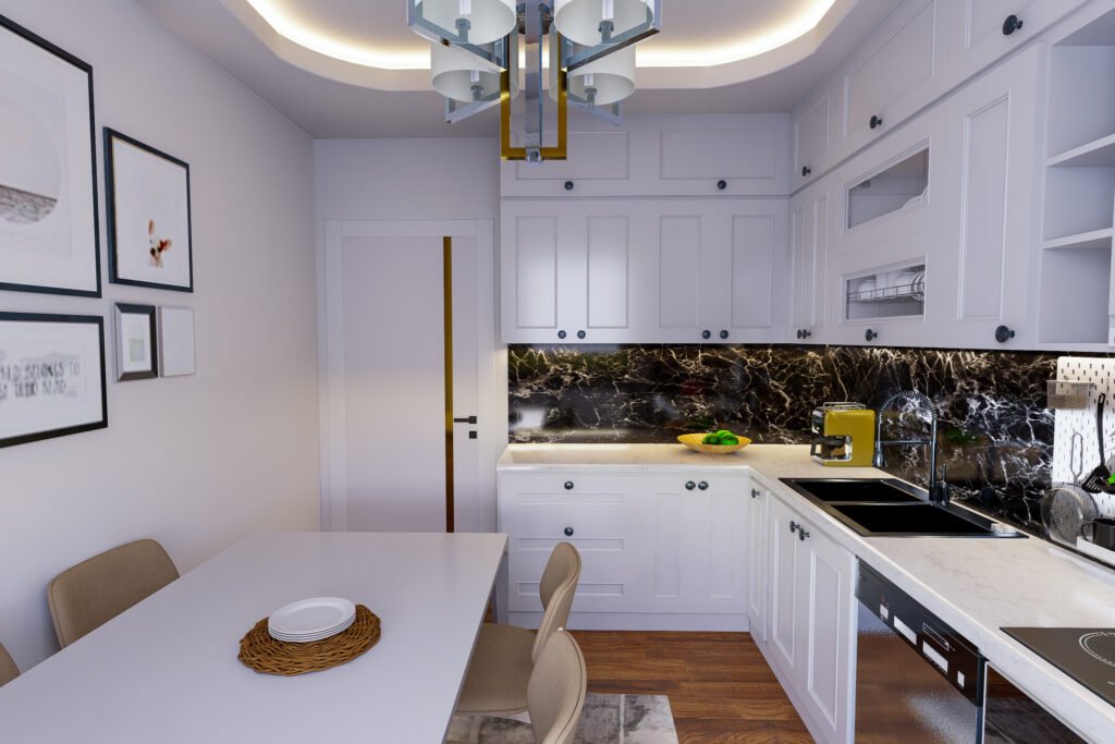Yemek alanı ve beyaz kapı ile bütünleşen, modern avizeli ve LED aydınlatmalı şık ve ferah mutfak tasarımı.