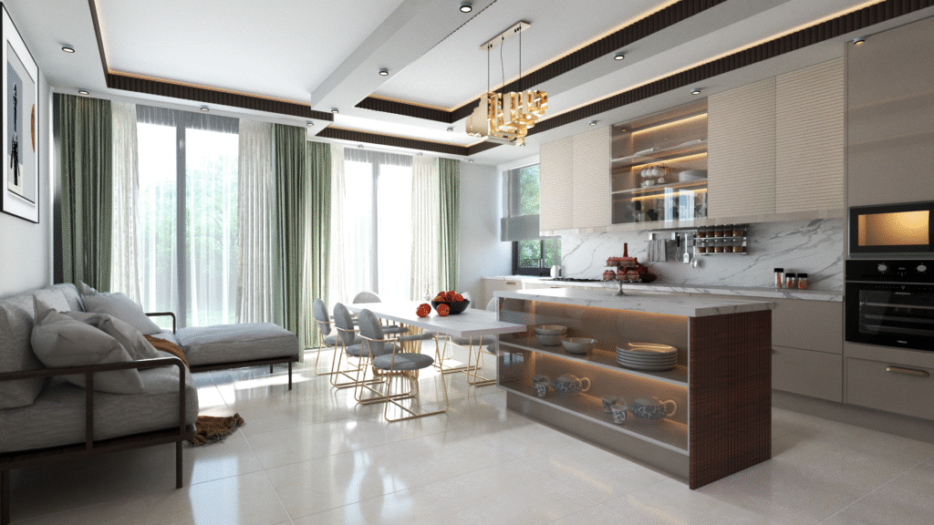 Açık tonlarda, mermer detaylı modern mutfak tasarımı. Geniş yemek masası, altın metal ayaklı sandalyeler ve şık bir avize görülüyor.